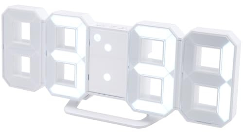Casativo Moderne Digitale 3D LED-Tisch- & Wanduhr mit Wecker, 7-Segment-Ziffern, dimmbar, zum Aufstellen oder Aufhängen, 21,5 x 7,3 cm, Weiss