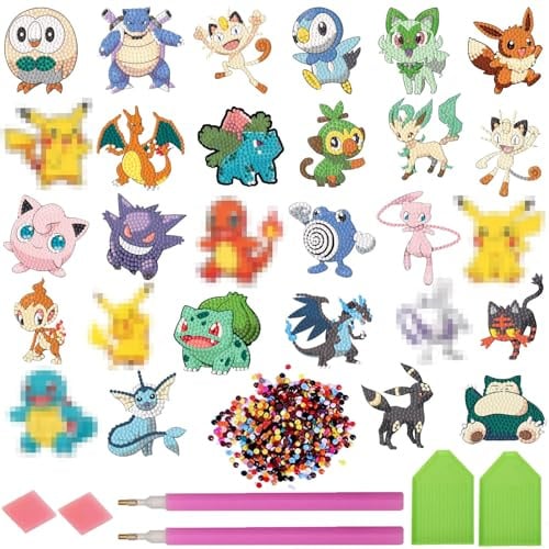 28 Stück Diamond Painting Aufkleber Set für Kinder 5-12 Jahre - DIY Diamant Malerei Kit mit Cartoon & Anime Motiven als Kreatives Bastelset für Jungen & Mädchen, Geschenk und Kinderzimmer Deko