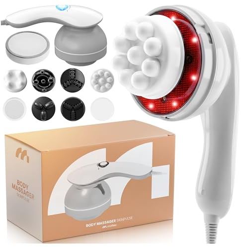 MalTec Anti Cellulite Massagegerät Körper, Vibrationsmassagegerät mit 8 Aufsätzen, 14 mm Amplitude, stufenlose Intensität, Netzbetrieb, Haar-Schutznetz, Körpermassagegerät für Beine Bauch SkinPulse