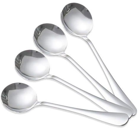 Soup Spoon, 4 Pcs Stainless Steel tablespoons, Heavy Duty Round Soup Spoons for Sauces Gravies and Stews Curved Handle Kitchen Utensils for Cooking, Dessert Spoons Suitable for Home Kitchen Dining