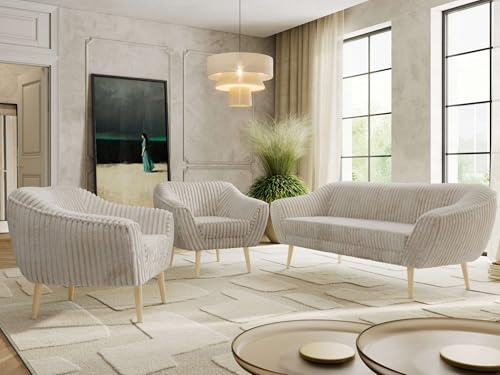 MKS MEBLE Sofagarnitur PIRS 3 + 1 + 1 - Couchgarnitur im skandinavischen Design, Gesteppte Polsterung, Wellenfederung, Wohnzimmer Sofa Set - Buche Beine, Beige Cord