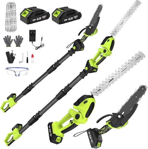 Tronçonneuse Électrique et Taille Haie sans Fil avec Perche 4 en 1, Élagueuse sur Perche avec 4 Chaînes 2 Batteries Taille Haies Telescopique, Angle Réglable, Idéal Jardin Verger Élagage/Taille Haie