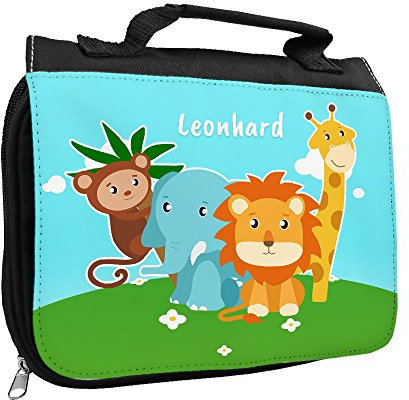 Kulturbeutel mit Namen Leonhard und Motiv mit Zoo-Tieren für Jungen | Kulturtasche mit Vornamen | Waschtasche für Kinder