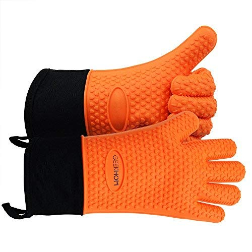 GEEKHOM Silicone Oven Gloves Heat Resistant Silicone Oven Mitts BBQ Gloves Waterproof Kitchen Gloves for Barbecue Grilling Weber Microwave, Non-Slip Oven Gloves with Fingers, Orange