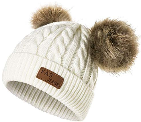 Yixda Baby Kids Winter Mütze Mädchen Jungen Warm Fellbommel Beanie Hüte (Weiß)