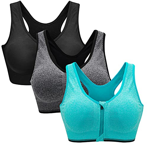 Zoerea Reggiseno Sportivo Senza Ferretto da Donna con Cerniera Frontale e Pastiglie Rimovibili per Ginnastica Corsa Yoga (Nero + Grigio + Verde,L)