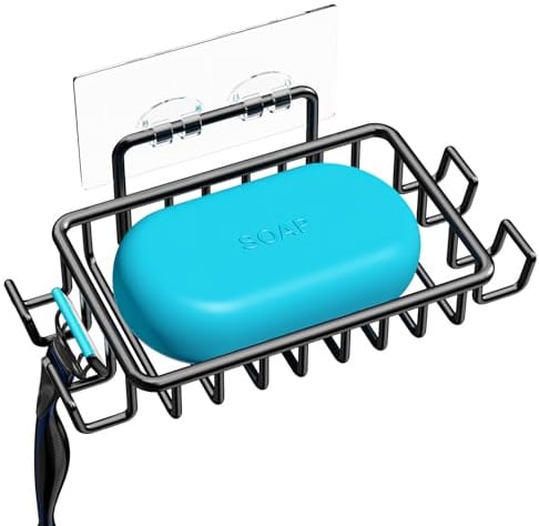 Edelstahl Seifenhalter, Seifenschale Ohne Bohren mit 4 Haken & Ablauf, Selbstklebend Seifenablage für Dusche, Badezimmer, (Schwarz)