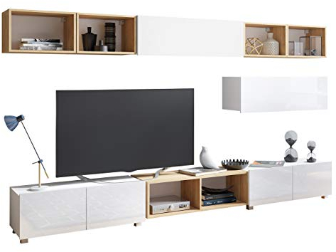 Wohnzimmer-Set Calabrini XXVI, Anbauwand Wohnwand Mediawand Fernsehschrank Hängeschrank TV Schrank Wohnzimmerschrank Wandregal (Weiß/Weiß Hochglanz + Eiche Gold)