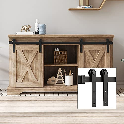 FREDBECK 4FT 48inch Mini Cabinet Small Double Barn Door Hardware Track Kit Apply for Cabinet Closet Cupboard Storage,4 Foot Double Door Kit Fit Double 12 Door,I Shape Hanger (No Cabinet)