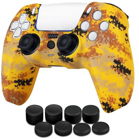 TNP Controller Cover Hülle + 8 Daumengriffe Set Kompatibel mit Sony PS5 Playstation 5 - Schützendes weiches Silikongel & rutschfeste Stick Caps Zubehör für Videospiele Gaming Gamepad, Camo-Mosaik Gelb