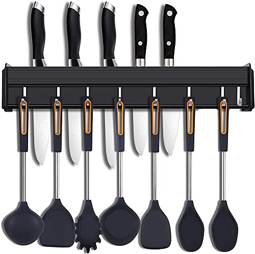 Barra Utensilios Cocina, Estante de Cocina con Ganchos, Portacuchillas de Acero Inoxidable, Colgador Utensilios Cocina con Ganchos, para Ahorrar Espacio en La Cocina