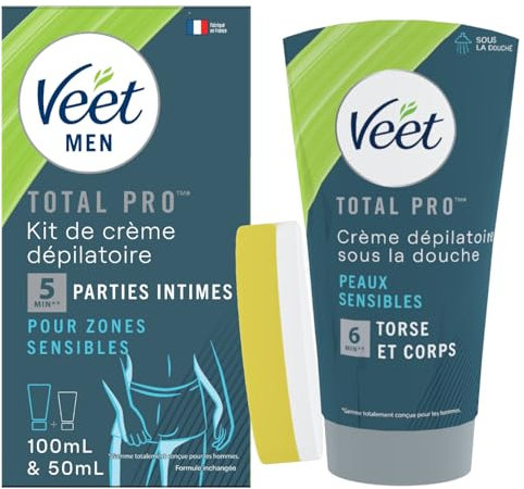VEET MEN - Lot de 2 Crèmes Dépilatoires Homme Peaux Sensibles - Corps & Torse Sous la Douche 150ml - Parties Intimes 100ml avec Baume Soin Aloe Vera 50ml