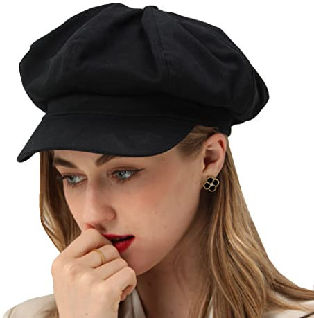 BEYLRZID Damen Newsboy Cap Sommer Barett Cap - 100% Baumwolle 8 Paneele Vintage Cabbie Hut - achteckiges Visier-Kappe für Frauen Mädchen Damen Geschenk, Schwarz, 7 1/8 / 7 3/8