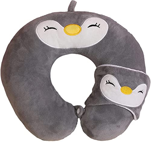 AOOPOO Reisekissen Kinder Nackenkissen,U-Geformte Nackenstützkissen, Niedliche Nackenhörnchen Kopfstütze, Baby Reise Schlafkissen mit Augenabdeckung (Pinguin)