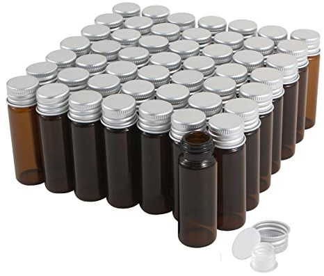 Cadbibe 15ml Amber Glass Vials with Screw Caps and Plastic Stoppers, Small Brown Liquid Sample Vial, Leak-Proof Vial, 50PCS