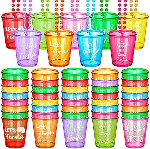 Janmercy 27 Pcs Fiesta Shot Glass Necklaces, Plastic, Necklace, Shot Glass, 1.5 oz, Assorted Colors, Cinco De Mayo, Bachelorette Party