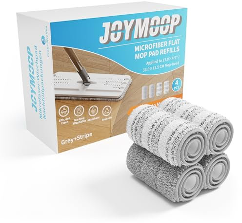 JOYMOOP Flat Mop Pads, Microfiber Mop Cleaning Pads, Washable Pads, Pads Replacement for JOYMOOP Flat Mop or Mop Bucket Set, Pack of 4 Refills 13inch - Grey and Stripe