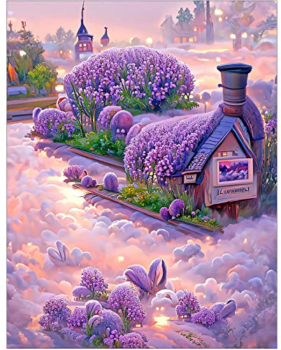 DCIDBEI 40 x 50 cm 5D Blume Diamant-Malset Quadratisch Square DIY Diamond Painting Landschaft Märchen Kreuzstich Gothik Wohnzimmer Schlafzimmer Dekoration, Lila Lavendel-Cottage
