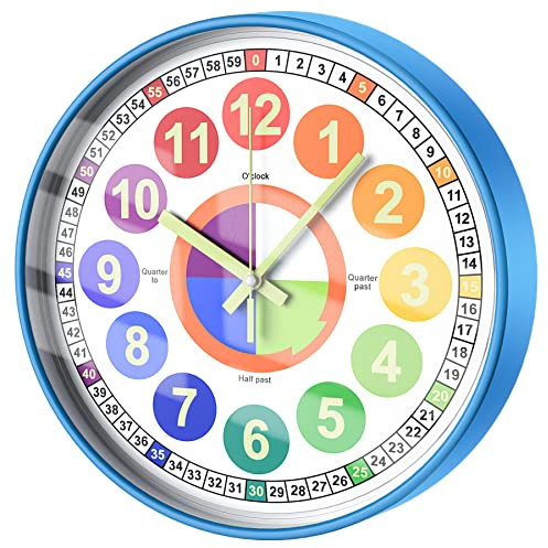 HOSTON Kinderuhr, 12 Zoll Moderne Wanduhr Lernende Uhr für Kinder Lehrende Uhr, Jungen Mädchen Leuchtende Wanduhr für Kinderzimmer, Klassenzimmer, Spielzimmer, Schlafzimmer, Schule(Lila)