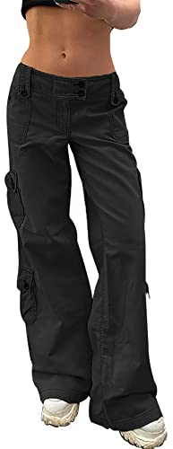 Damen Y2k Cargo-Jeans mit mehreren Taschen, Vintage-Stil, mit Klappentasche, gerade, weites Bein, S-L, Schwarz, S