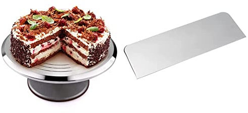 Cake Stands, Uten Cake Turntable, 12 inch Aluminium Cake Decorating Display Stand, Revolving Cake Stand with Non-Slip Rubber Bottom Nice Baking Tools & PME Cake Scraper, Silver, X-Tall