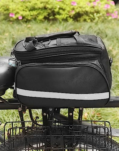 QWORK Bike Bag, 27L, Black, Bicycle Rack Mount, 600D Oxford Fabric, Reflective Strips, Adjustable Straps, 27L Capacity, 2 Compartments, Zippered Pocket, Waterproof Rain Cover