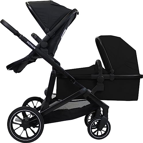 Deryan EVY V2 Kinderwagen für 2 Kinder - für Neugeborene, Kleinkinder & Kinder im Vorschulalter - Baby Kinderwagen Buggy bis 50kg - Baby Wagen - Reise Kinderwagen 2 in 1 Komplettset - Schwarz