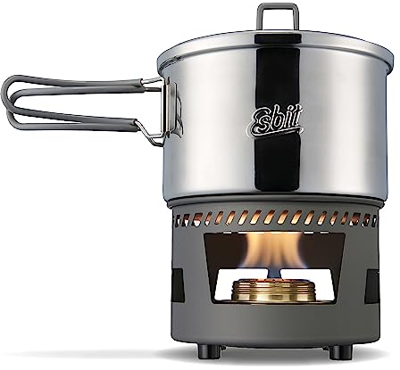 Esbit Set de cuisson à alcool avec casserole de 1500 ml en acier inoxydable - Couvercle avec suspension de couvercle - Brûleur à alcool avec régulateur de flamme avec poignée rabattable