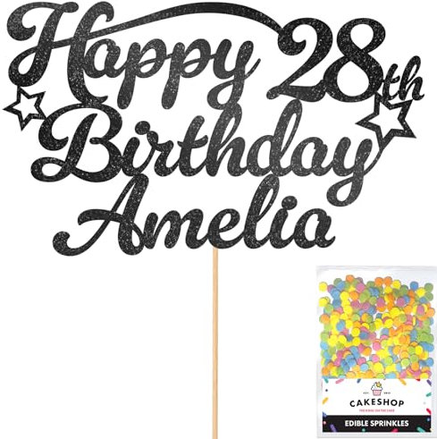 Personalised Happy Birthday Glitter Cake Topper with Stars - Black Any Name & Any Age Glitter Cake Decoration and Sprinkles - Happy Birthday Decorations - Personalised Toppers for Cakes by Cakeshop