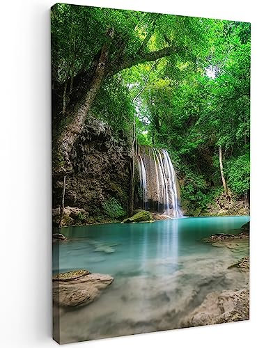 MuchoWow© Wandbilder 60x90 cm Schlafzimmer Home Deko Wohnung Bild Wohnzimmer Fotoleinwand Wand Bilder Leinwand Wall Decor Dschungel - Wasserfall - Pflanzen - Wasser - Natur - Grün