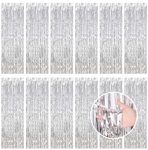 12 Pcs Silver Metallic Tinsel Foil Fringe Curtains, 3.3ft x 8.2ft Tinsel Streamers Backdrop Door Curtains Hanging Streamers for Birthday Halloween Christmas Party Supplies(1m x 2.5m)