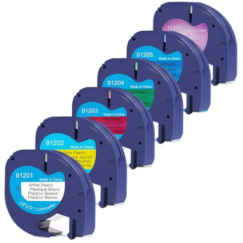 DOREE 6er-Pack letratag bunt 16951,91221,91222,91223,91224,91225, Kompatibel mit Dymo LetraTag Etikettenbändern 12 mm x 4 m und Dymo LetraTag Etikettiergeräten LT-100H, LT-100T,LT-2000,XR200B,LTQX50.