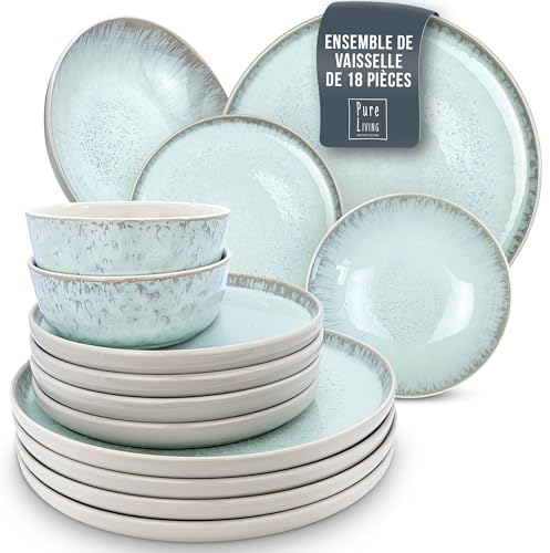 18 Piece Dinner Sets for 6 People - Beautiful Mediterranean Style Stoneware Dinner Set for 6 - Dishwasher & Microwave Safe Plates and Bowls Set for 6 - Dinnerware Sets by Pure Living in Beige-Blue