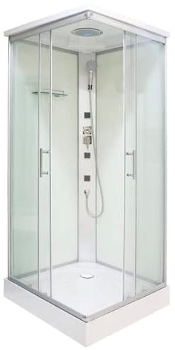 Cabine de douche complète TC05 80 x 80 x 210 cm, entrée d'angle avec portes coulissantes, avec douchette de tête et douchette, jets massants, avec receveur de douche, cabine de douche complète