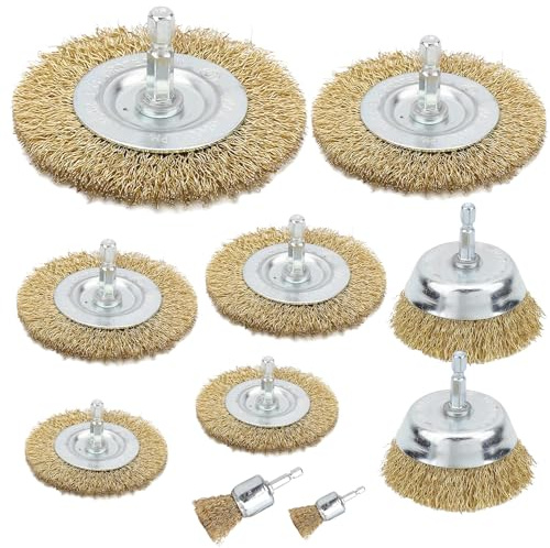 10 Pcs Wire Wheel Cup Brush Drill Set, Brass Coated Wire Drill Attachment with 1/4-Inch Hex Shank Metal Brush Kit for Rust Removal, Polishing and Abrasive
