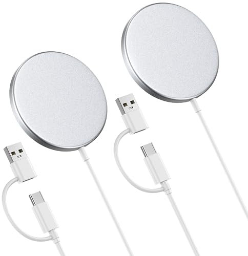 2 Pack Meifigno Magnetic Wireless Charger 15W Fast Charger with MagSafe for iPhone 16 15 14 13 12 Pro Max Plus Mini, AirPods, Wireless Charging Pads with 5ft Dual Charging Port Cable,Metal Silver
