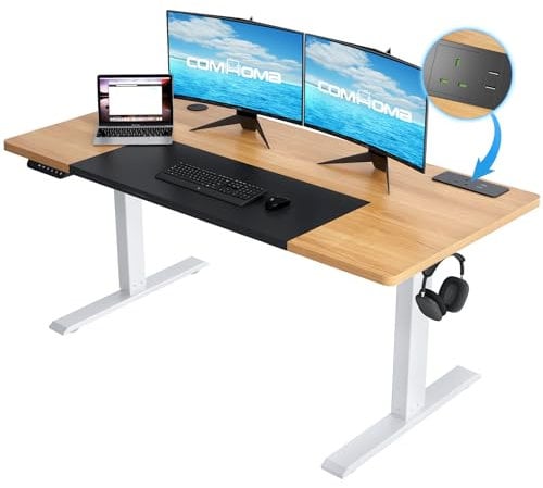 COMHOMA Electric Standing Desk with Power Outlets Height Adjustable Stand up Computer Office Desk with Hooks PC Workstation Table for Bedroom Wood 120x60 cm