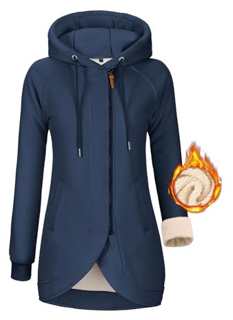 UMIPUBO Felpa Donna con Cappuccio Invernale Felpe con Zip Fodera in Pile Hoodie Sweatshirt a Manica Lunga Caldo Lungo Giacca con Tasche Cotone Termica Cappotto Pullover (Marina Militare, XXL)