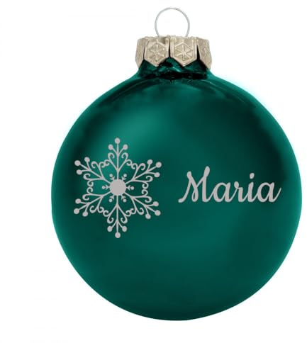 Deitert Weihnachtskugel mit Namen oder Wunschtext graviert, Ø8cm, personalisierte Christbaumkugel aus Glas (glänzend), individueller Weihnachtsbaumschmuck mit Gravur, Schneeflocken-Motiv, Dunkelpetrol
