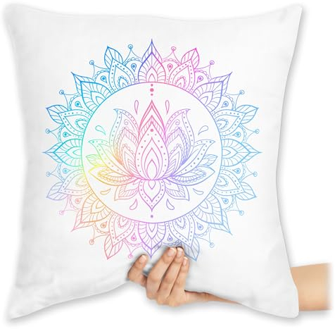 Kissen 40x40 Zierkissen - Yoga - Mandala Lotusblume I Spirituelle Meditation I Pilates Lotus Entspannung - 40 x 40 cm - Weiß - Joga Wellness Geschenke spirituell Fans lotusblüte für Alles Motiven