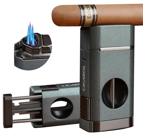 CIGAROL Feuerzeug, 3 in 1 Sturmfeuerzeug, 3 Jet Flamme Zigarrenfeuerzeug mit Zigarrenschneider V - Enthält kein Gas, Tolle Geschenke für Männer (Grün)