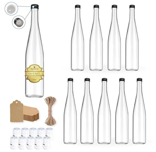 Espirito Rebelde 10x Bouteilles en Verre 700ml avec Bouchon à Vis Noir avec Bec Verseur + 10 Sceaux + 10 Étiquettes Kraft + Ficelle - Rhum, Whiskey, Vodka - Bouteille pour Huile d'Olive, Eau, Liqueur