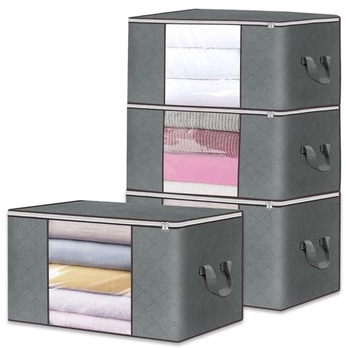 Gentpovth 4 Piezas 90L Organizador Ropa, 60x40x35cm con Ventana Transparente y Cremallera Robusta, 90L Plegable Bolsas para Guardar Ropa Con Mango Reforzado, para Guardar Ropa, Edredones, Mantas