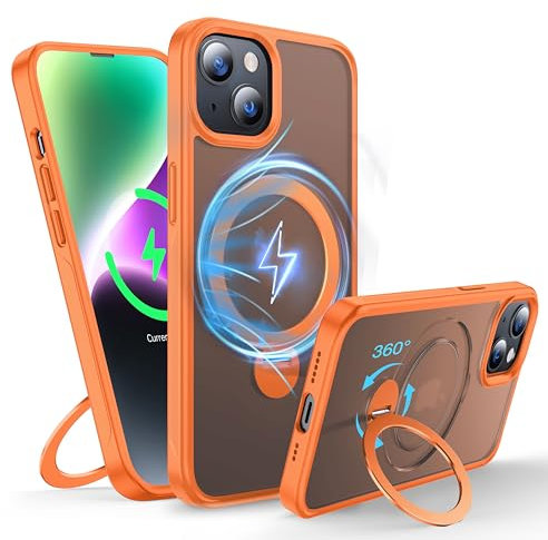 FNDMIL 360°Drehbarer Magnetisch für iPhone 13/14 Hülle mit MagSafe [Rutschfester Textur][Unsichtbarer Ständer][Militär Schutz] Translucent Matt Hardcase mit Silikon für iPhone 13/14 Case Dünn,Orange