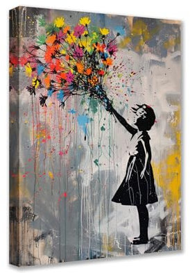 Tucocoo Kunstwerke für Zuhause, Wände, Banksy-Mädchen-Bilder, bunte Blumen, Graffiti-Gemälde, 1 Paneel, Leinwand, abstrakte Straßenkunst, modernes Kunstwerk, Heimdekoration für Wohnzimmer, gerahmt,