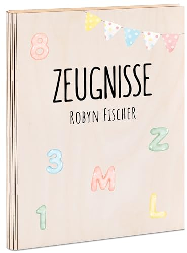Bärenfreunde® - Personalisierte Zeugnismappe aus Holz mit hochwertigem Spezial-Druck - Einschulung Geschenk - Zeugnismappe Jungen & Zeugnismappe Mädchen (Alphabet Zahlen)