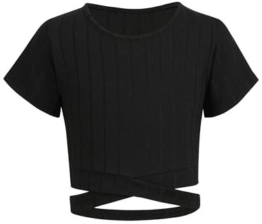 Arshiner Mädchen T-Shirt Kurze Kinder Sommer Bauchfrei Shirts Tops Freizeit Mode Tshirts für Mädchen 14-15 Jahre Schwarz