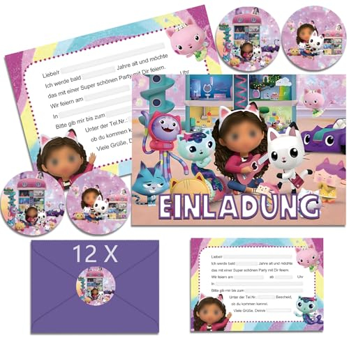 Ctxtqtdt 12x Gabys Dolhouse Einladungskarten Kindergeburtstag Junge mit Umschlag Deutsch, Geburtstagseinladungen Mädchen, Gabys Cartoon Einladungskarten Geburtstag Set für Themed Party (A6) (A)