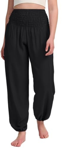 Hanyomo Damen Yoga Haremshose Hohe Taille Mit Tasche Fitness Hose Baumwolle Lockere Workout Jogginghose Schwarz L