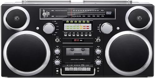 Boombox Lecteur CD Bluetooth portable rétro avec radio AM/FM, entrée CD/USB/cassette/Bluetooth/AUX, haut-parleur intégré et son haute fidélité en noir